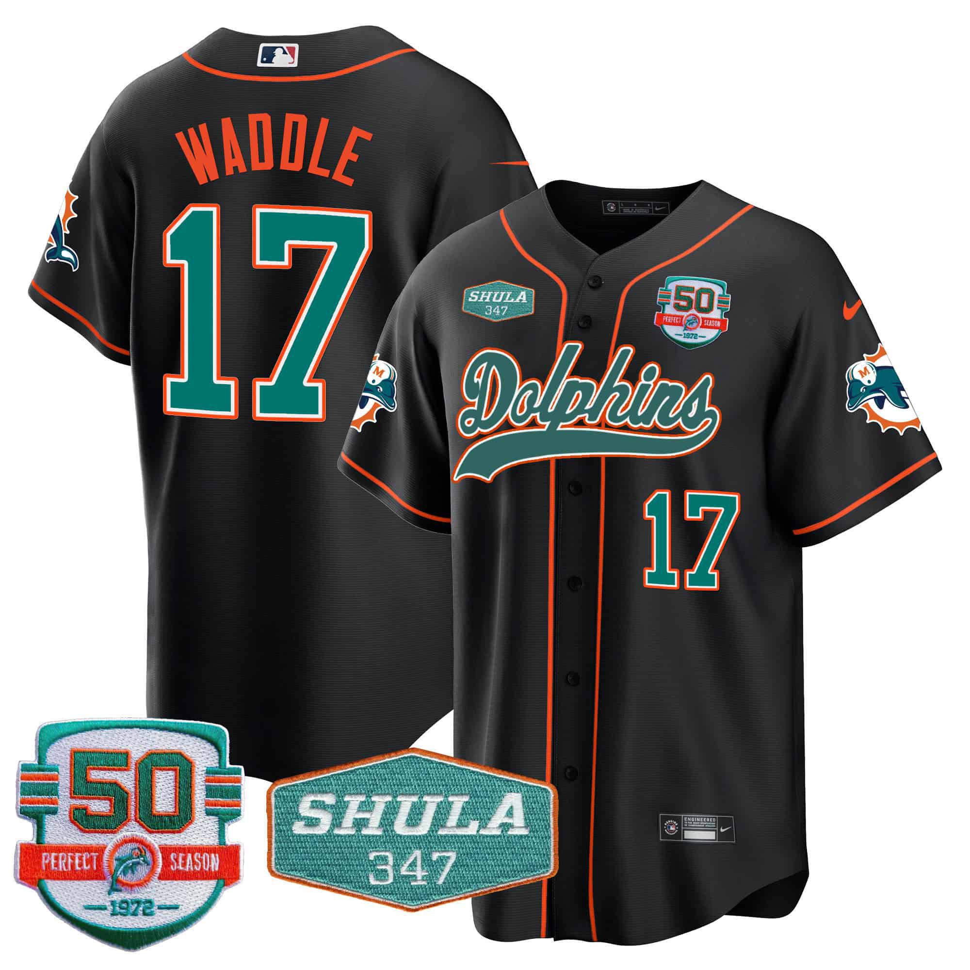 Men Miami Dolphins #17 Waddle Black 2024 Nike 50th Don Shula Memorial Patch Baseball NFL Jersey style 1